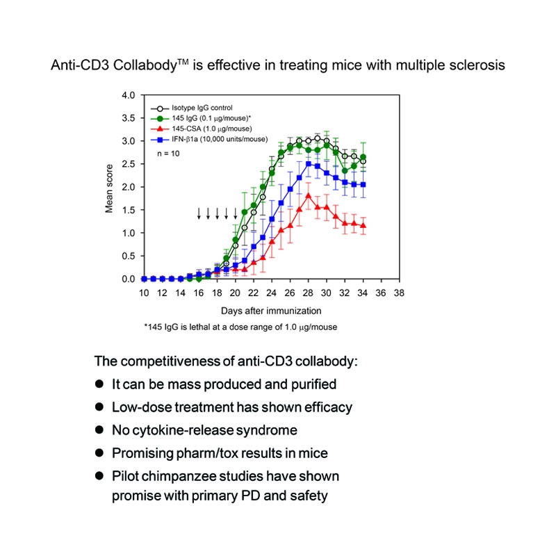 圖二_Anti-CD3 膠原蛋白支架抗體在多發行硬化症小鼠實驗中證實低劑量即能達療效且無副作用
